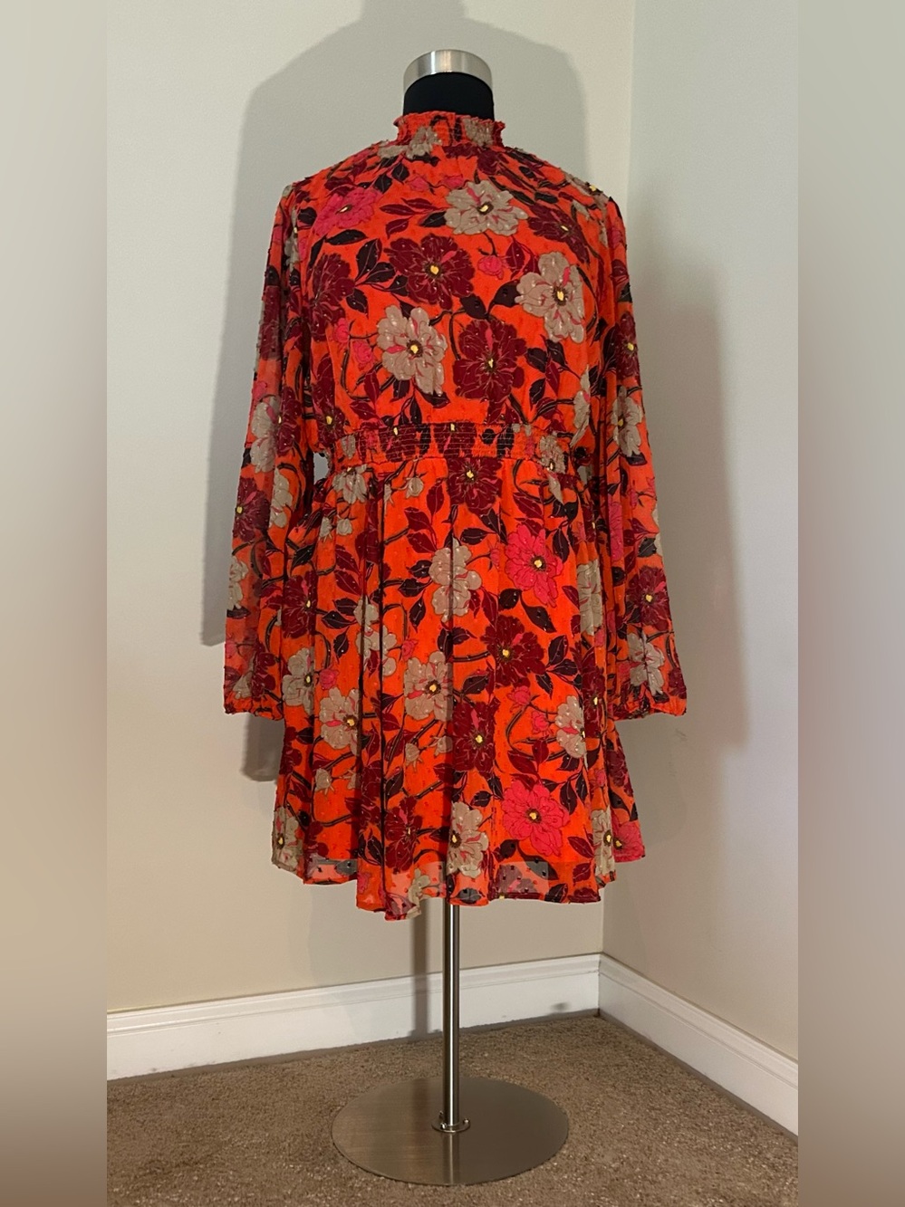 NWT Torrid Floral High-Neck Long-Sleeve Mini Dress - Orange